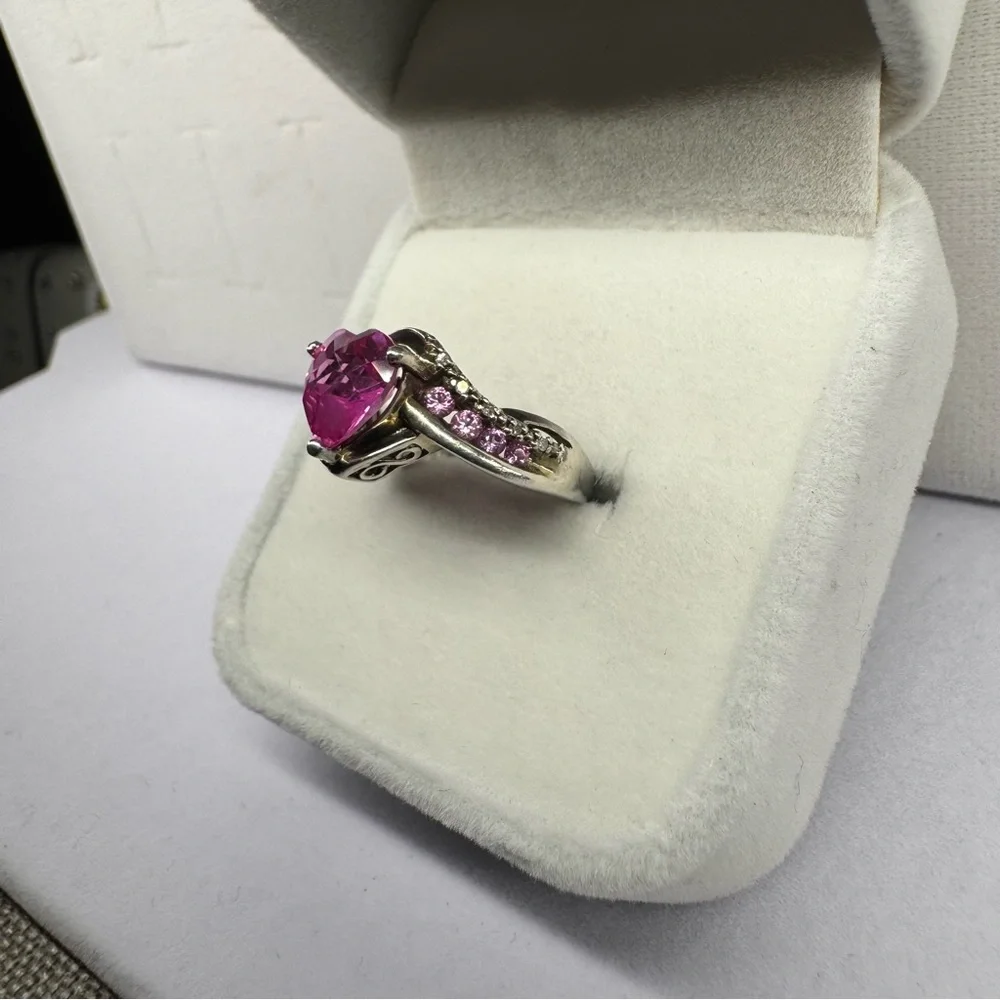 Pink Sapphire & Diamonds & Topaz 925 Sterling Silver Ring Size 5.5